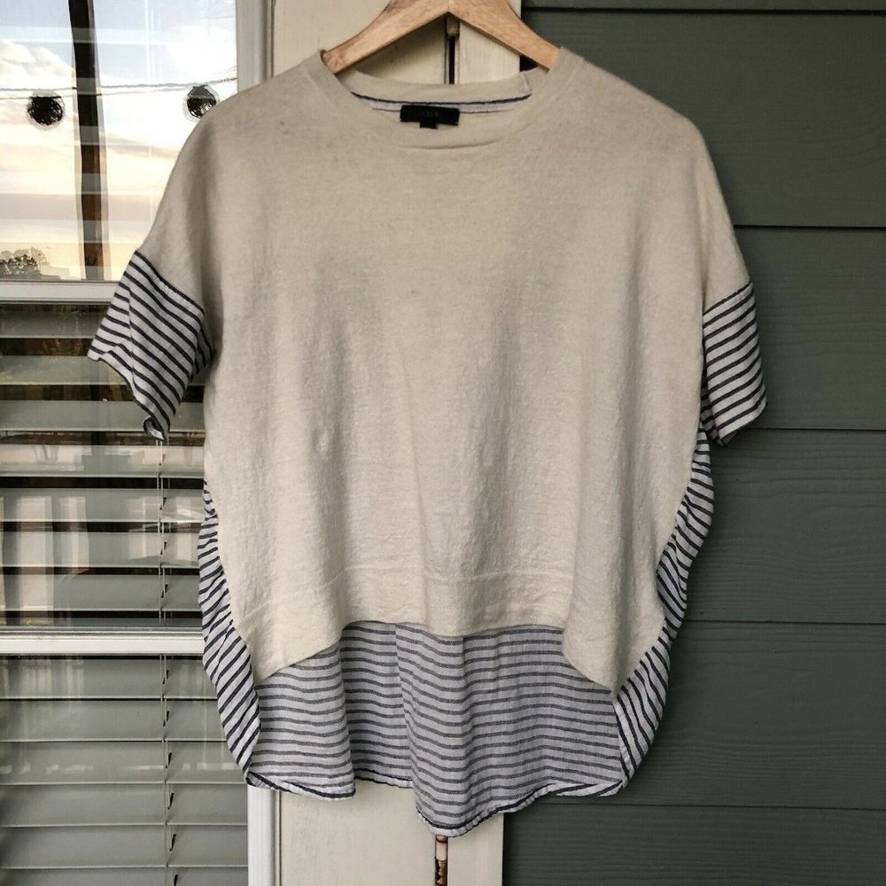 J.CREW Combo Sweater Stripe Ivory Blue Crewneck Wool Linen Knit Top Shirt Small